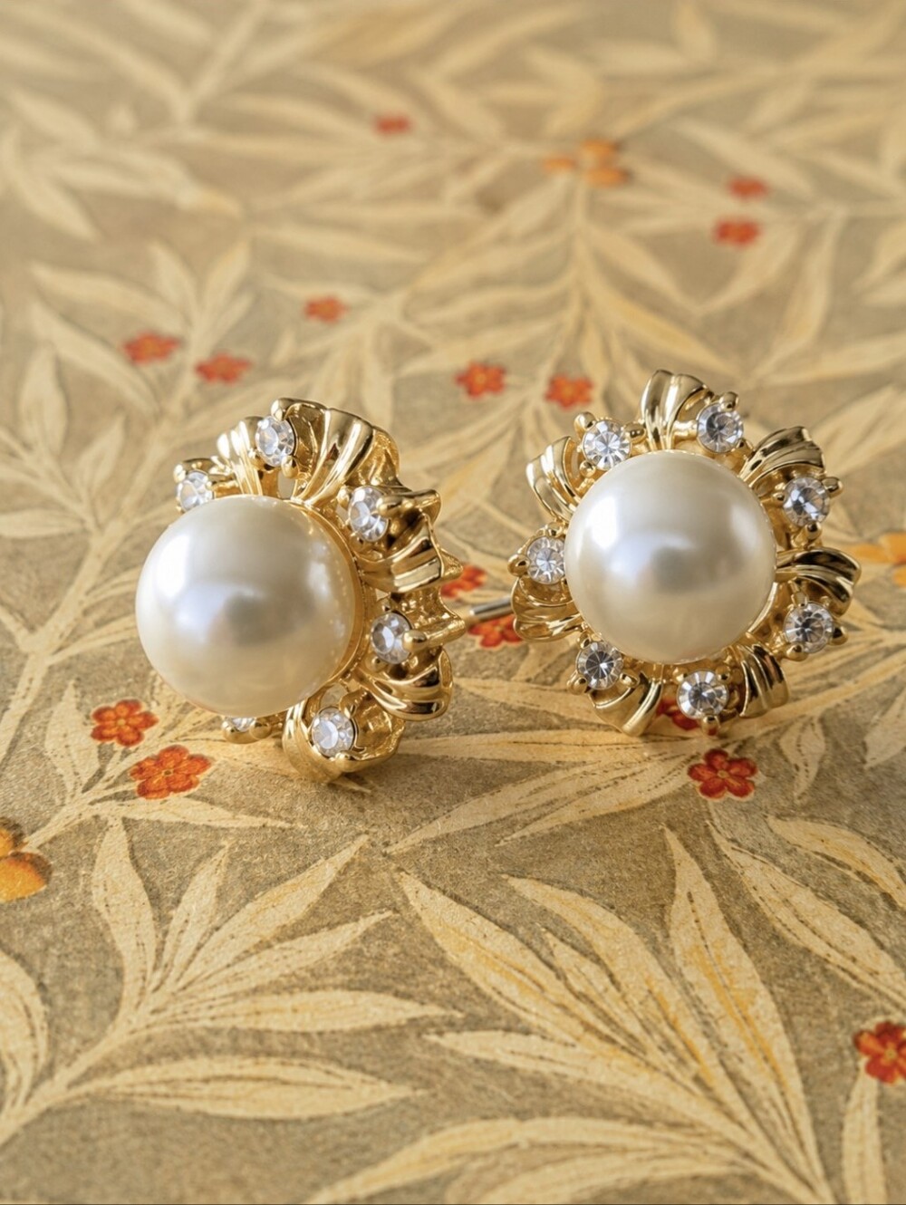 Gold and Cream Pearl Stud Earrings with Rhinestones